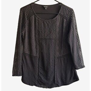 Lucky Brand Black Floral Embroidered Lace Mesh Sheer Long Sleeve Top M